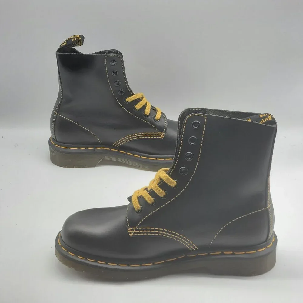 Dr. Martens 1460 Pascal Yellow‎ Stitch Black Leather Men Boots Size 5
